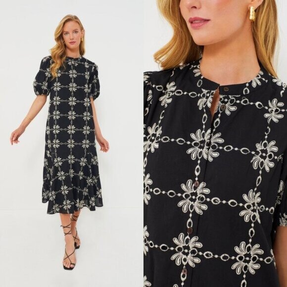 Tuckernuck NEW Black Eyelet Lewis Puff Sleeve Embroidered Maxi Dress Size XS - Picture 2 of 11
